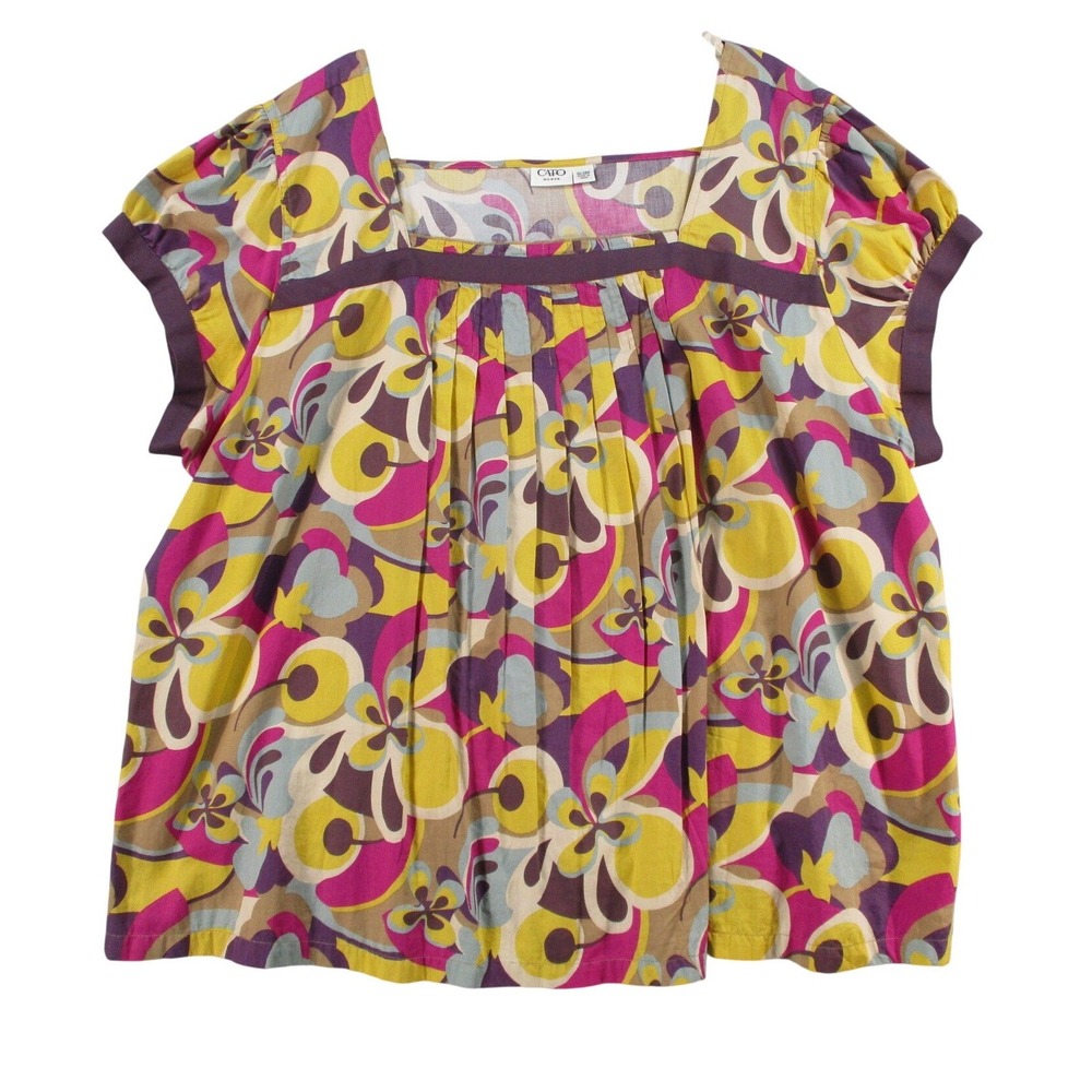 Cato Woman Blouse 26/28W Plus Size Floral Cotton Square Neck Short Sleeve Top
